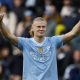 Manchester City's Erling Haaland salutes the fans after the Premier League match at the Etihad Stadium.