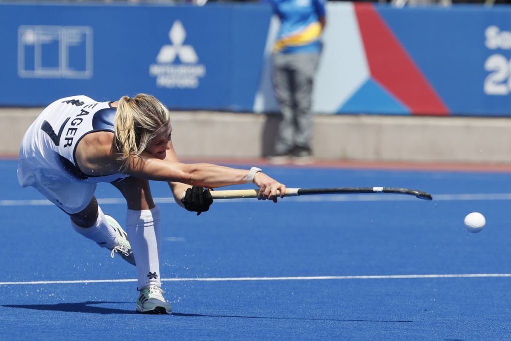 Ashley Sessa of the US in action against Trinidad and Tobago in a women's field hockey match during the Pan American Games 2023.