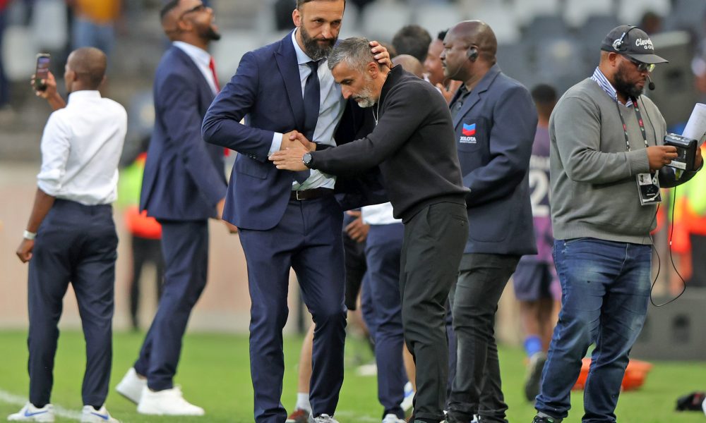 Sead Ramovic, head coach of TS Galaxy and Jose Riveiro, head coach of Orlando Pirates during the DStv Premiership 2023/24 match between TS Galaxy and Orlando Pirates at Mbombela Stadium in Nelspruit on 18 May 2024