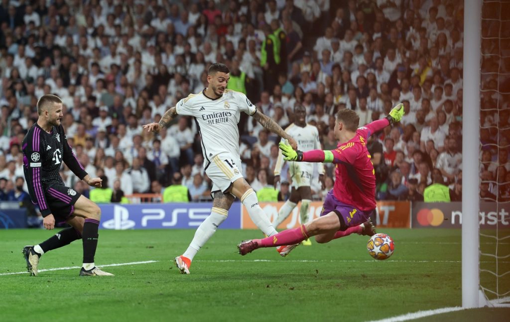 Real Madrid's Joselu celebrates scores their first goal of the game during the UEFA Champions League semi-final, second leg match at the Santiago Bernabeu.