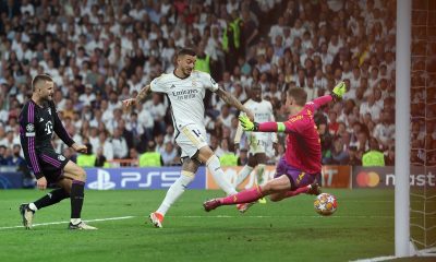 Real Madrid's Joselu celebrates scores their first goal of the game during the UEFA Champions League semi-final, second leg match at the Santiago Bernabeu.