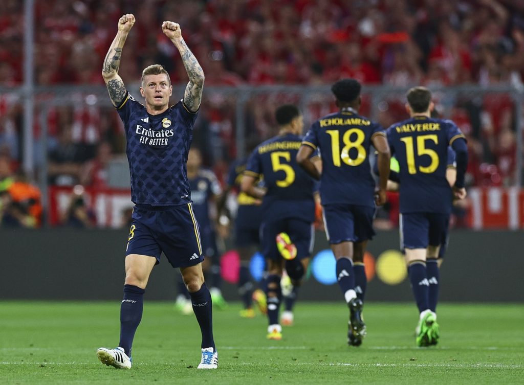 Real Madrid's Toni Kroos celebrates after the team scored the 1-0 lead during the UEFA Champions League semi final, 1st leg match between Bayern Munich and Real Madrid.