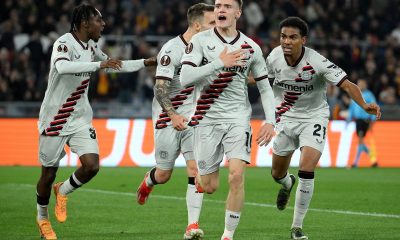 Bayer Leverkusen's Florian Wirtz (C) celebrates with his teammates after scoring the 0-1 goal during the UEFA Europe League semifinal 1st leg soccer match between AS Roma and Bayer Leverkusen.