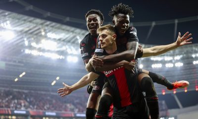 Josip Stanisic (C) of Leverkusen celebrates with teammates after scoring the 2-2 equalizer during the UEFA Europa League semifinal second leg soccer match between Bayer 04 Leverkusen and AS Roma in Leverkusen.