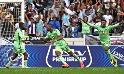 Tshegogfatso Mabasa of Orlando Pirates celebrates his goal during the DStv Premiership 2023/24 game between Cape Town City and Orlando Pirates at Cape Town Stadium.