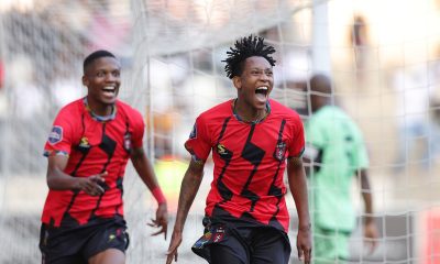 Sphiwe Mahlangu of TS Galaxy celebrates goal with Puso Dithejane of TS Galaxy during the DStv Premiership 2023/24 match between TS Galaxy and Orlando Pirates at Mbombela Stadium.