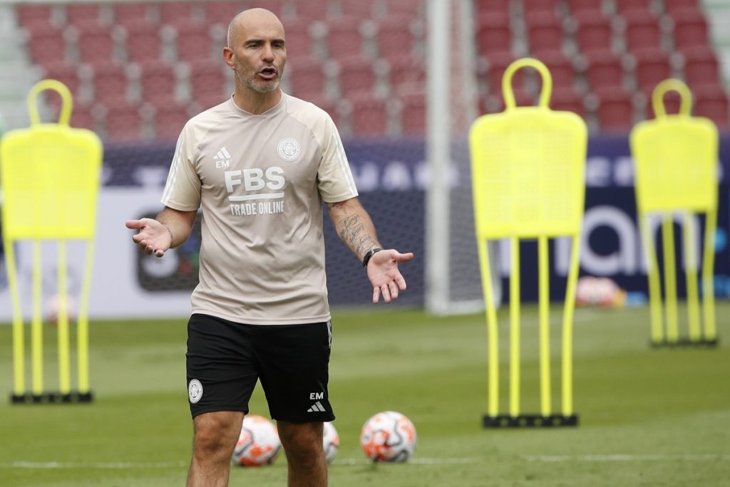 Leicester City's manager Enzo Maresca during a training session at Rajamangala National Stadium in Bangkok, Thailand, 22 July 2023. English Premier League soccer team Tottenham Hotspur will play a friendly against English EFL Championship side team Leicester City.