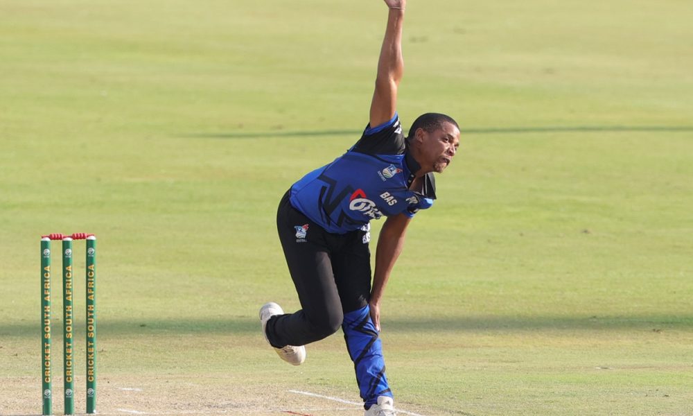 Mondli Khumalo of Tuskers bowls during the 2024 CSA T20 match between Titans and Tuskers at Supersport Park in Centurion.