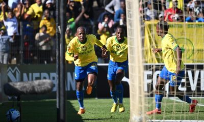 Khuliso Mudau of Mamelodi Sundowns runs to celebrate his goal during the 2024 Nedbank Cup semifinal between Stellenbosch FC and Mamelodi Sundowns at Danie Craven Stadium.