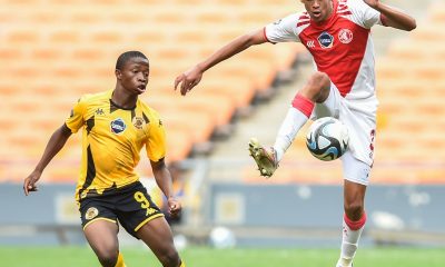 Jeandre Gaffor of Cape Town Spurs challenged by Neo Bohloko of Kaizer Chiefs during the DStv Diski Challenge 2023/24 match between Kaizer Chiefs and Cape Town Spurs at Soccer City Stadium.
