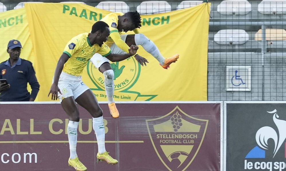 Lesiba Nku of Mamelodi Sundowns (R) reacts after scoring the 1-0 lead with Peter Shalulile of Mamelodi Sundowns (L) during the DStv Premiership 2023/24 game between Stellenbosch FC and Mamelodi Sundowns at Athlone Stadium.