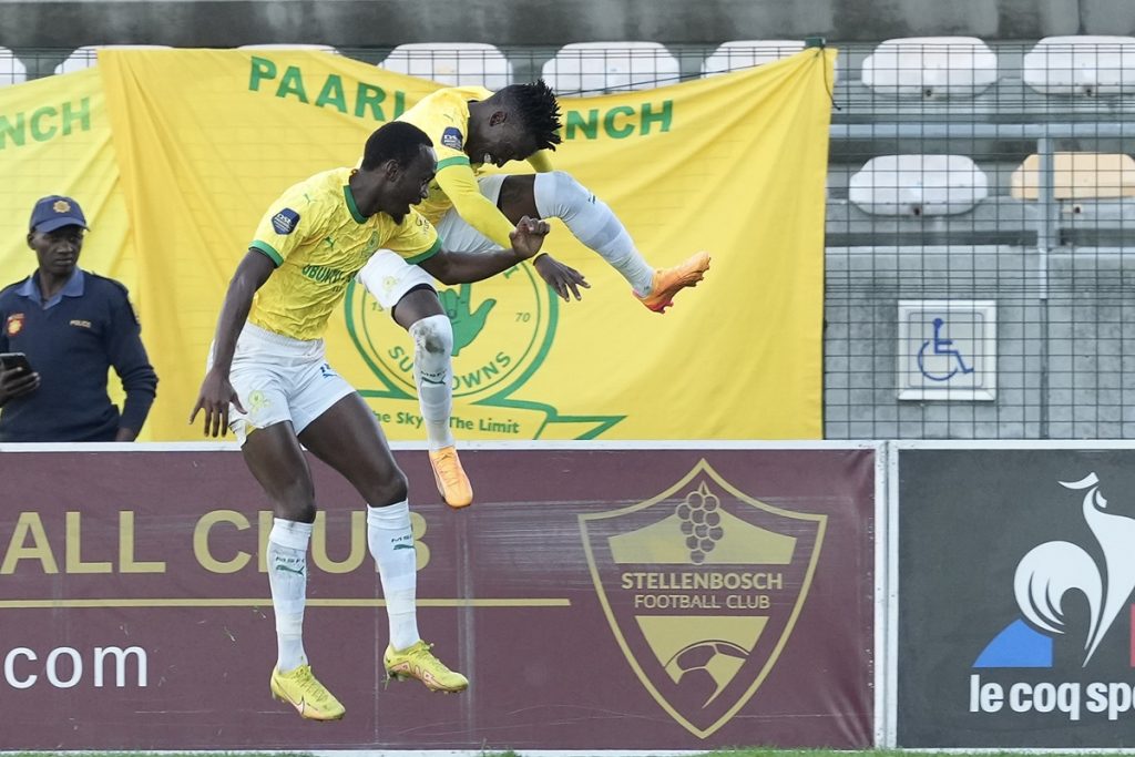 Lesiba Nku of Mamelodi Sundowns (R) reacts after scoring the 1-0 lead with Peter Shalulile of Mamelodi Sundowns (L) during the DStv Premiership 2023/24 game between Stellenbosch FC and Mamelodi Sundowns at Athlone Stadium.