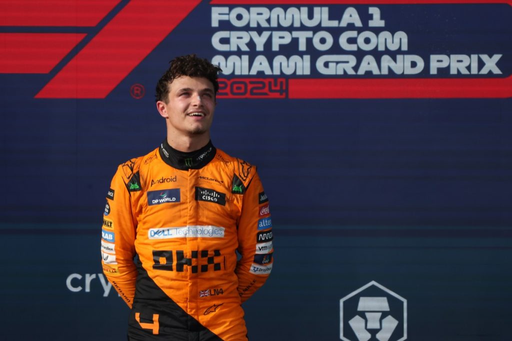 First place winner McLaren driver Lando Norris of Britain on the winners podium in the Formula 1 Miami Grand Prix, at the Miami International Autodrome.