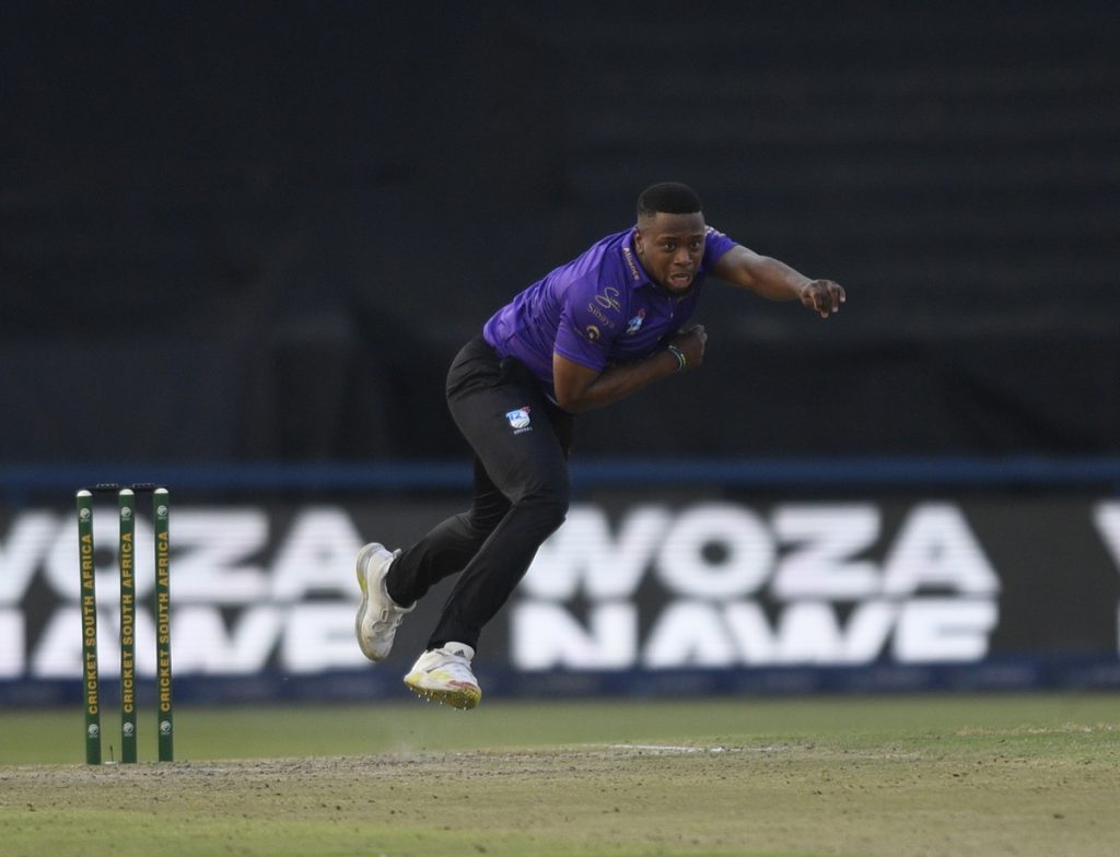 Okuhle Cele of Dolphins Bowls during 2024 CSA T20 Final Cricket match between Lions and Dolphins at DP World Wanderes Stadium on the 28 April 2024 © Sydney Mahlangu/BackpagePix