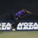 Okuhle Cele of Dolphins Bowls during 2024 CSA T20 Final Cricket match between Lions and Dolphins at DP World Wanderes Stadium on the 28 April 2024 © Sydney Mahlangu/BackpagePix