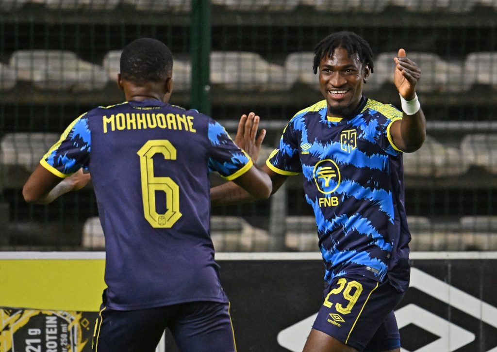 Joaquim Paciencia of Cape Town City celebrates his goal during the DStv Premiership 2023/24 game between Cape Town City and Moroka Swallows at Athlone Stadium.