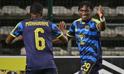Joaquim Paciencia of Cape Town City celebrates his goal during the DStv Premiership 2023/24 game between Cape Town City and Moroka Swallows at Athlone Stadium.