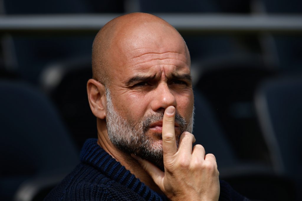 Manchester City manager Pep Guardiola looks on ahead of the English Premier League soccer match between Fulham and Manchester City in London, Britain, 11 May 2024.