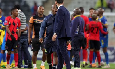 Sibusiso Mahlangu, Condition coach of Mamelodi Sundowns exchange words with Sead Ramovic, head coach of TS Galaxy during the Dstv Premiership 2023/24 match between TS Galaxy and Mamelodi Sundowns at Mbombela Stadium.