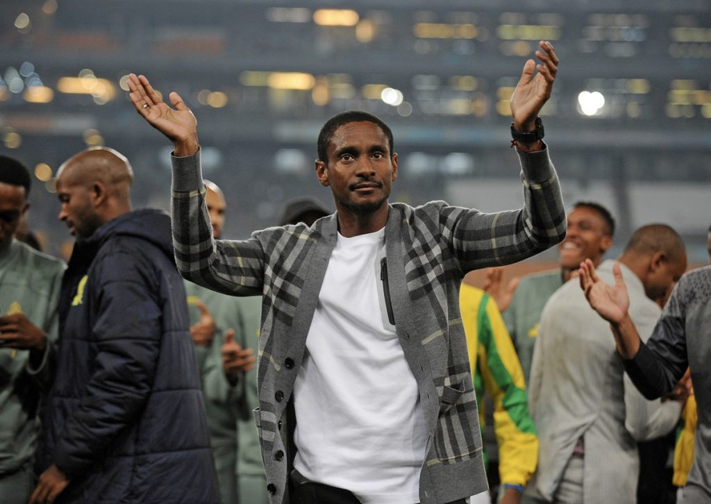 Rulani Mokwena, head coach of Mamelodi Sundowns celebrates victory with fans during the DStv Premiership 2023/24 match between Kaizer Chiefs and Mamelodi Sundowns at the FNB Stadium.