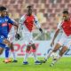 Colin Ryan of Cape Town Spurs challenged by Shandre Campbell of Supersport United during the DStv Premiership 2023/24 match between Supersport United and Cape Town Spurs at the Peter Mokaba Stadium.