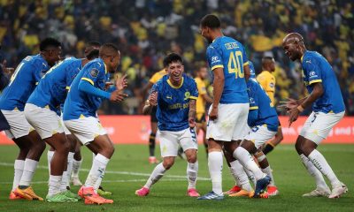 Matias Esquivel of Mamelodi Sundowns celebrates goal with teammates during the DStv Premiership 2023/24 match between Kaizer Chiefs and Mamelodi Sundowns at the FNB Stadium.