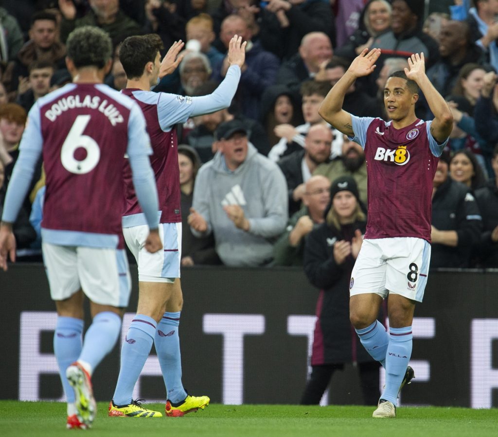 Youri Tielemans of Aston Villa celebrates after scoring the second goal during the English Premier League soccer match between Aston Villa and Liverpool in Birmingham, Britain, 13 May 2024. EPA/PETER POWELL EDITORIAL USE ONLY. No use with unauthorized audio, video, data, fixture lists, club/league logos, 'live' services or NFTs. Online in-match use limited to 120 images, no video emulation. No use in betting, games or single club/league/player publications.