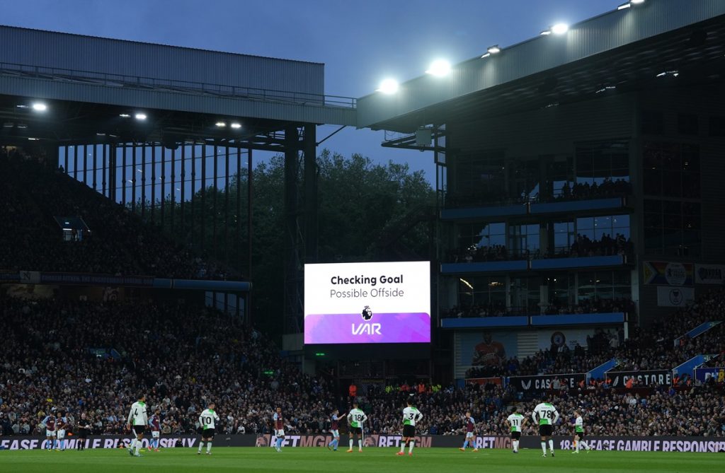 A VAR check on the big screen during the Premier League match at Villa Park, Birmingham.