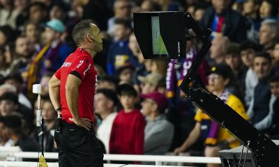 Referee Cuadra Fernandez consults the VAR system during the Spanish LaLiga EA Sports soccer match between FC Barcelona and Real Sociedad at Lluis Companys stadium in Barcelona, Spain, 13 May 2024. EPA/Enric Fontcuberta