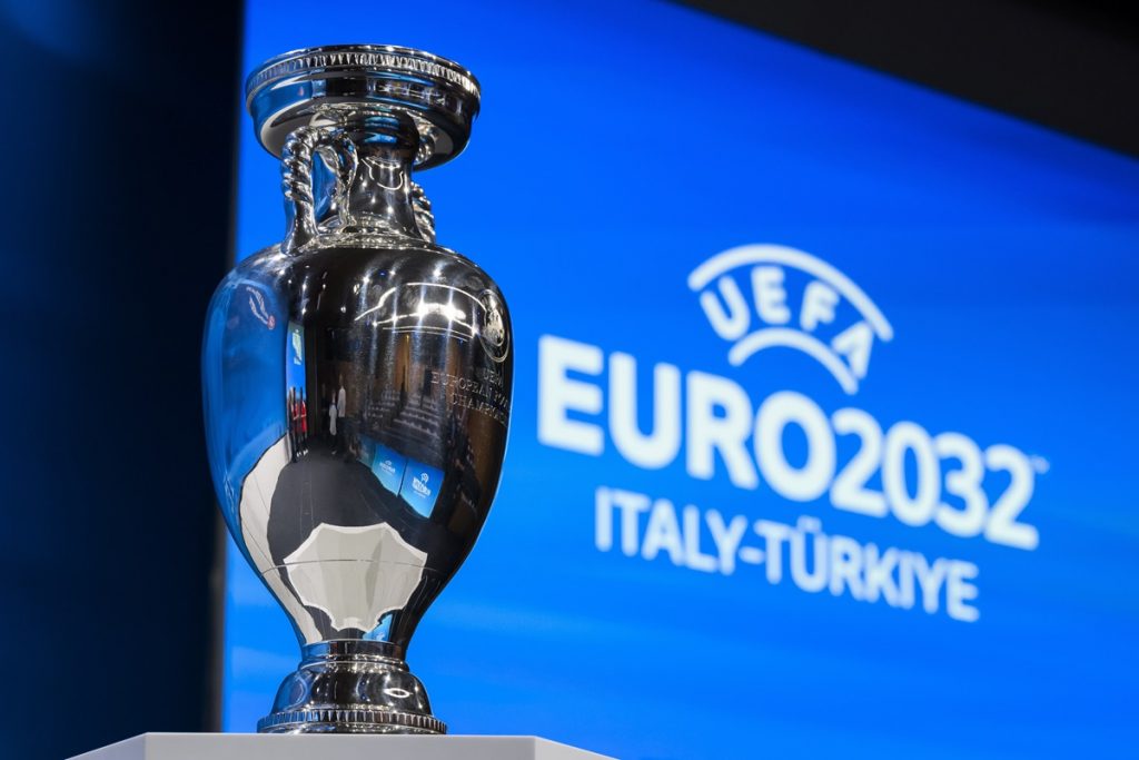 The UEFA Euro trophy is pictured after Italy and Turkey were elected to host the Euro 2032 fooball tournament during the UEFA EURO 2028 and 2032 hosts announcement ceremony at UEFA Headquarters, in Nyon, Switzerland, 10 October 2023.