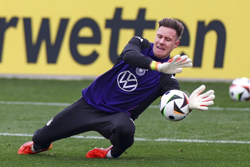Germany's national soccer team goalkeeper Marc-Andre ter Stegen in action during the national soccer team's training session in Frankfurt, Germany, 19 March 2024. Germany will face France in a friendly soccer match on 23 March 2024 in Lyon.