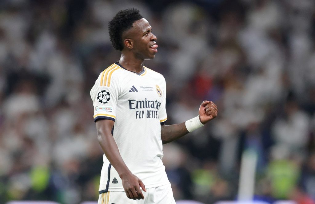 Vinicius Junior of Madrid celebrates after scoring his team's second goal during the UEFA Champions League final match of Borussia Dortmund against Real Madrid, in London, Britain, 01 June 2024.