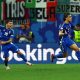 Nicolo Barella of Italy (L) and Riccardo Calafiori of Italy celebrate the 1-1 of Mattia Zaccagni of Italy during the UEFA EURO 2024 group B soccer match between Croatia and Italy, in Leipzig, Germany,