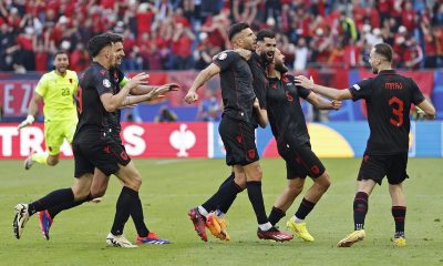 Klaus Gjasula (C) of Albania celebrates with teammmates after scoring the 2-2 equalising goal during the UEFA EURO 2024 group B match between Croatia and Albania, in Hamburg.