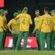 Anrich Nortje of South Africa celebrates with teammates the wicket of Brandon King of West Indies during the 2023 KFC T20 International Series match between South Africa and West Indies at DP World Wanderers Stadium in Centurion on 28 March 2023