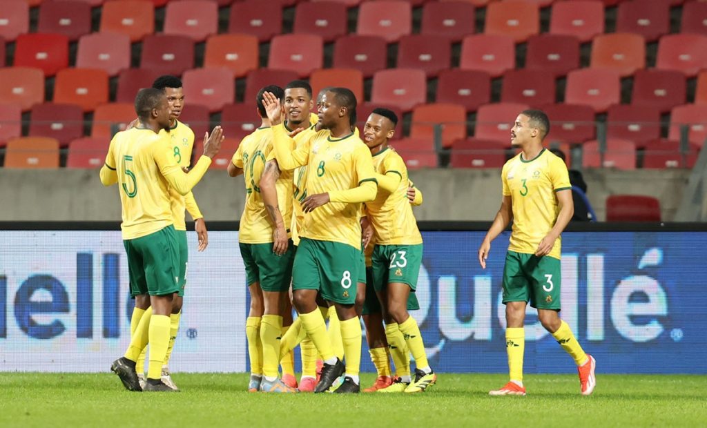South Africa players celebrates goal during the 2024 Hollywoodbets COSAFA Mens Championship match between South Africa and Mozambique at the Nelson Mandela Stadium.