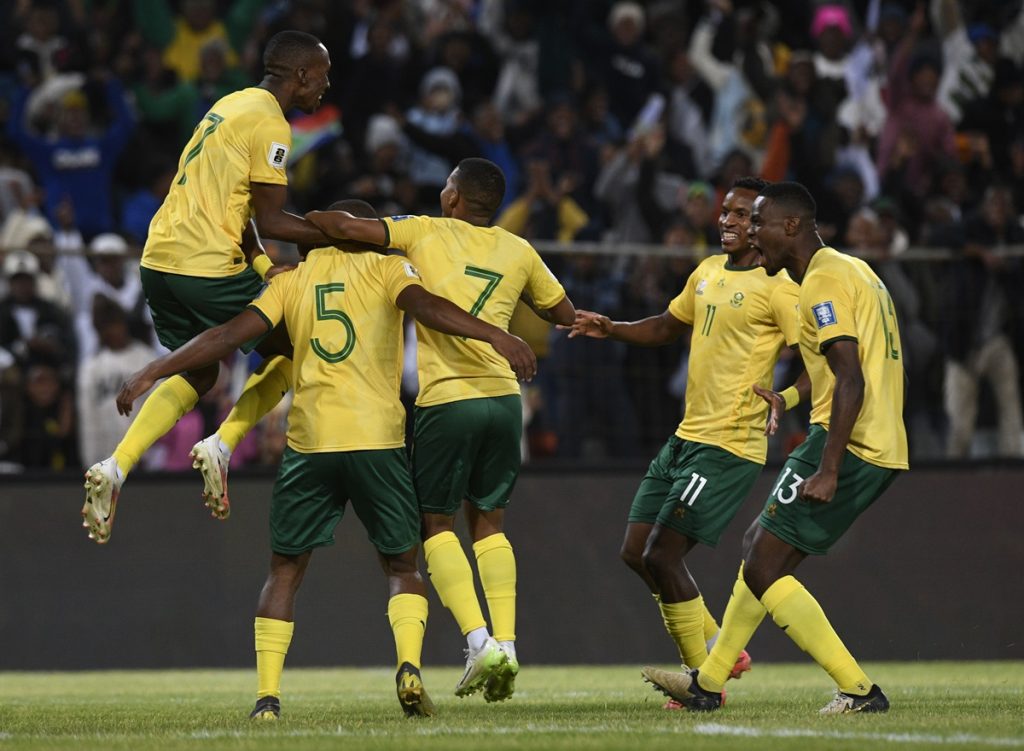 Iqraam Rayners of South Africa celebrates goal during FIFA World Cup Qualifiers 2026 match between South Africa and Zimbabwe at Free State Stadium.