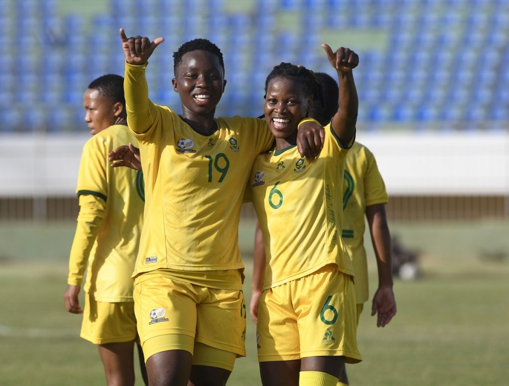 Noxolo Cesane of South Africa celebrates goal during International Women Friendly match between Senegal and South Africa at Stade Lat Dior.