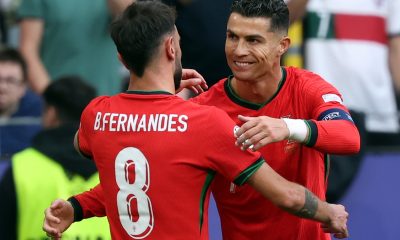 Bruno Fernandes of Portugal (L) celebrates scoring the 3-0 with Cristiano Ronaldo of Portugal during the UEFA EURO 2024 group F soccer match between Turkey and Portugal, in Dortmund.