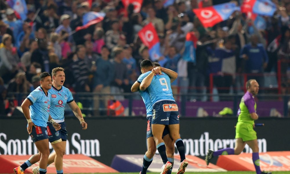 Vodacom Bulls players celebrates victory during the 2024 United Rugby Championship semifinal match between Bulls and Leinster at Loftus Stadium.