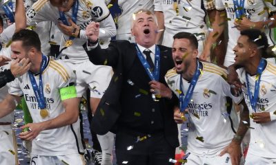 Real Madrid head coach Carlo Ancelotti (C) celebrates with his players after winning the UEFA Champions League final match of Borussia Dortmund against Real Madrid, in London, Britain, 01 June 2024.
