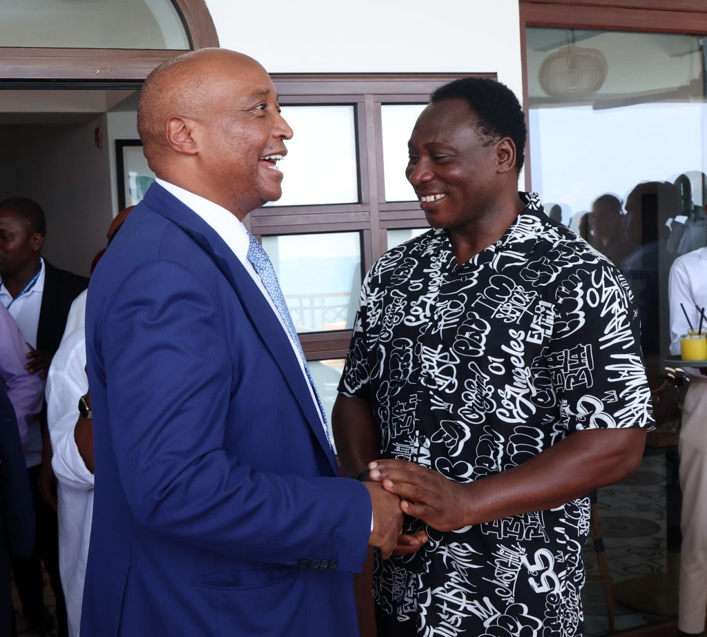 Patrice Motsepe (CAF President) with Daniel Amokachi during the 2024 African School Football Championship CAF President Lunch at the Beach House Restaurant, Zanzibar on the 24 May 2024