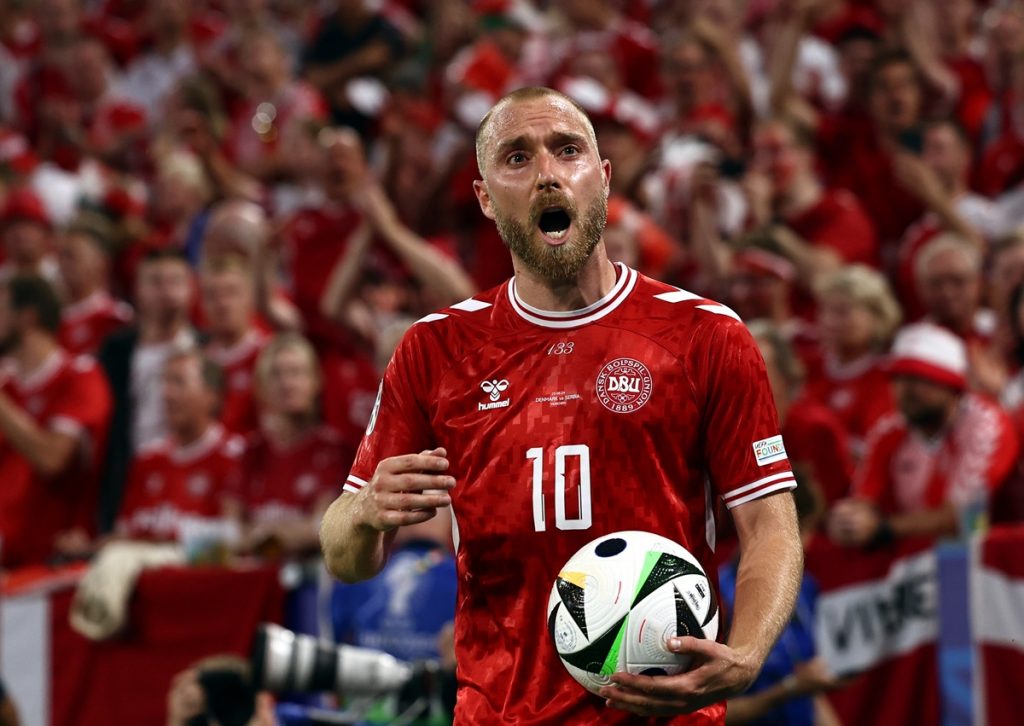 Christian Eriksen of Denmark reacts during the UEFA EURO 2024 Group C soccer match between Denmark and Serbia, in Munich.