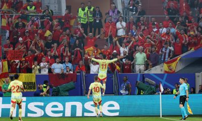 Ferran Torres (up) of Spain celebrates scoring the opening goal during the UEFA EURO 2024 group B soccer match between Albania and Spain, in Dusseldorf.