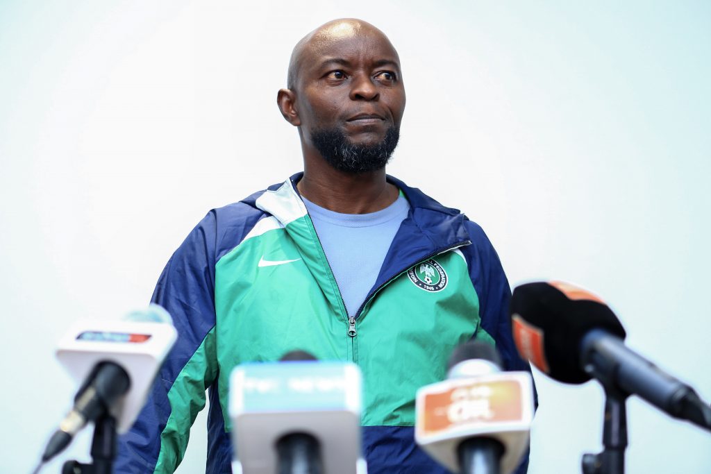 Coach Finidi George during the 2026 World Cup Qualifiers press conference for Nigeria at the Godswill Akpabio International Stadium in Uyo, Nigeria on 6 June 2024