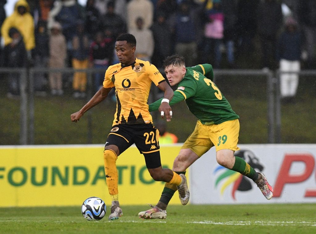 Bradley Cross of Golden Arrows challenges George Matlou of Kaizer Chiefs during the DStv Premiership2023/24 match between Golden Arrows and Kaizer Chiefs at Mpumalanga Stadium.