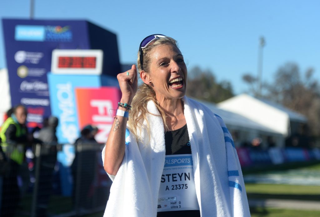 Gerda Steyn wins the Ultra Marathon women's race in record time during the 2022 Two Oceans Marathon at UCT Green Mile in Cape Town on 17 April 2022