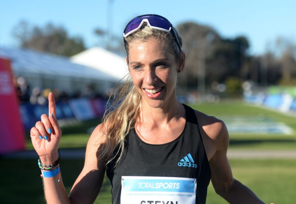 Gerda Steyn wins the Ultra Marathon women's race in record time during the 2022 Two Oceans Marathon at UCT Green Mile in Cape Town.