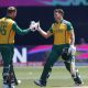 Heinrich Klaasen and David Miller of South Africa celebrate following the ICC Men's T20 Cricket World Cup West Indies & USA 2024 match between Sri Lanka and South Africa at Nassau County International Cricket Stadium on June 03, 2024 in New York.