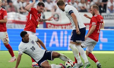 Jude Bellingham of England (C) in action during the UEFA EURO 2024 group C match between Denmark and England, in Frankfurt.